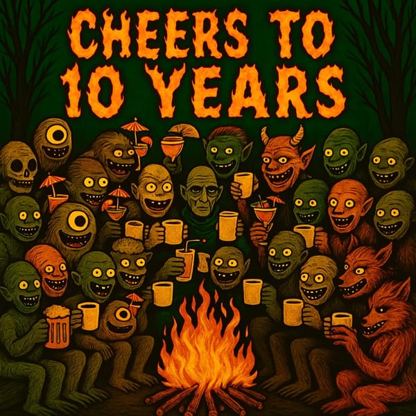 A group of monsters and creatures celebrating around a campfire, with "CHEERS TO 10 YEARS" in fiery letters.